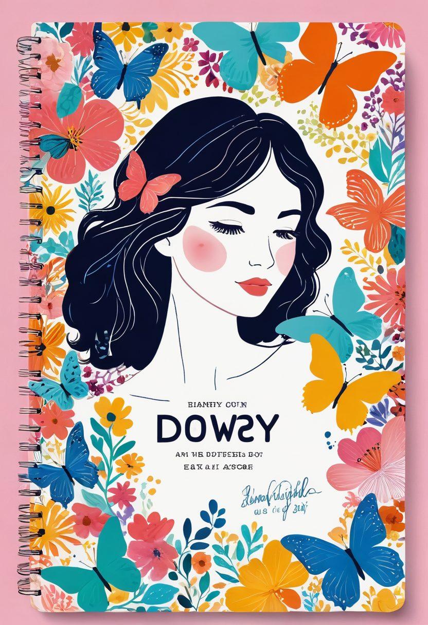 A whimsical, colorful diary open to a page filled with playful doodles and empowering quotes about body positivity and femininity. Surrounding the diary are diverse silhouettes of women embracing their uniqueness, adorned with floral patterns and vibrant designs. Soft pastel colors and a sunny backdrop create a warm and inviting atmosphere. Add a playful element like butterflies or stars that symbolize growth and self-love. illustration style, vibrant colors, playful elements.