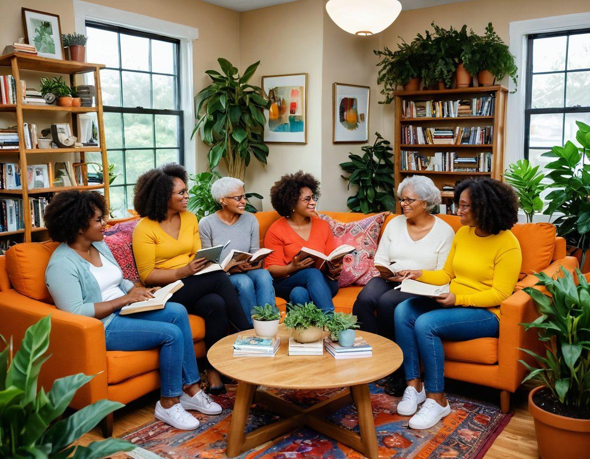 A vibrant, empowering scene depicting a diverse group of women of various ages and backgrounds, sharing stories and supporting each other in a cozy, inviting space filled with plants and books. Brightly colored artwork and self-care resources are visible in the background, symbolizing community and self-acceptance. Soft, warm lighting enhances the inviting atmosphere. bright colors. cozy setting. super-realistic.
