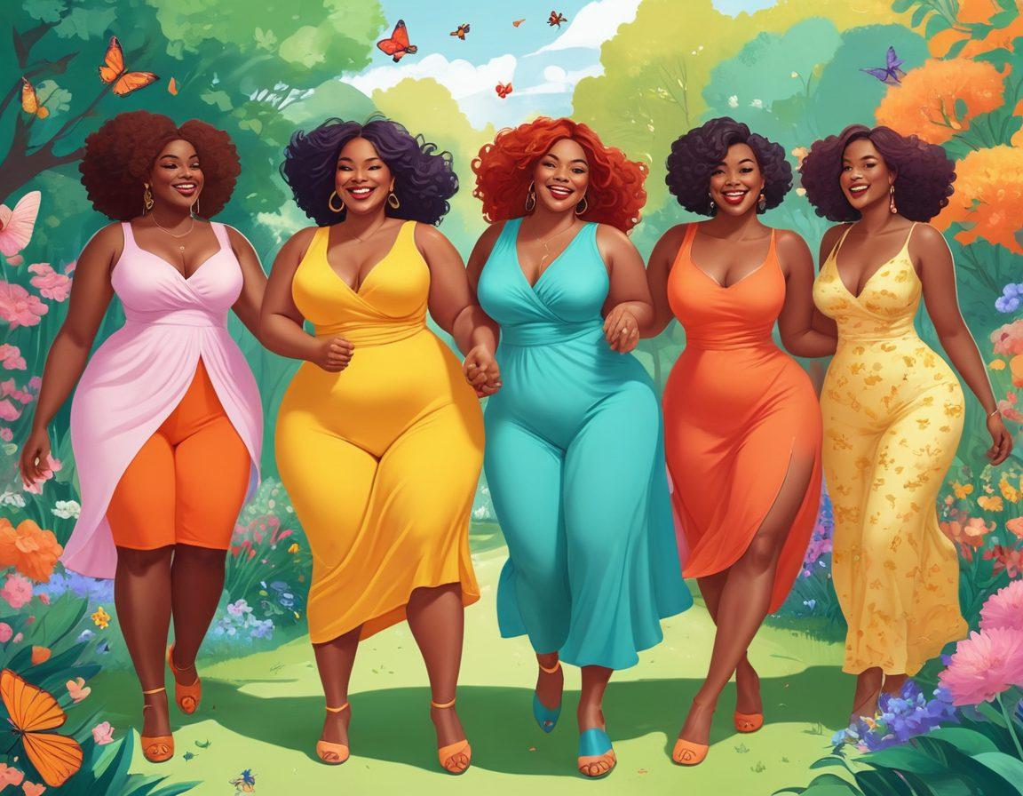 A vibrant and whimsical illustration of diverse women celebrating their curves in a colorful park setting. Each woman, representing different ethnicities and body types, is playfully posing in stylish outfits that enhance their confidence. The background is filled with blooming flowers and cheerful butterflies, symbolizing positivity and health. Bright, pastel colors dominate the scene, creating an uplifting atmosphere that radiates joy and acceptance. cartoon style. vibrant colors. playful and inviting.